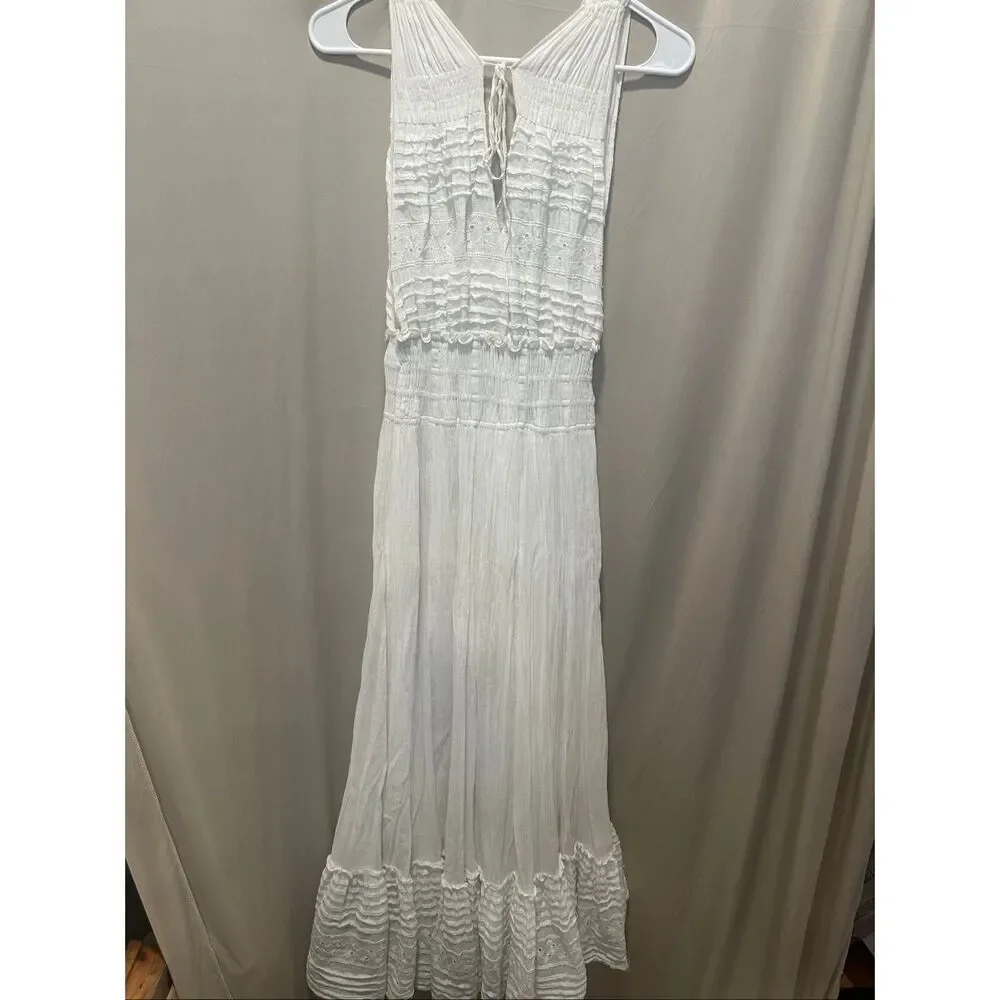 Free People FP One White Gauze Eyelet Smocked Plunge Maxi Dress Boho